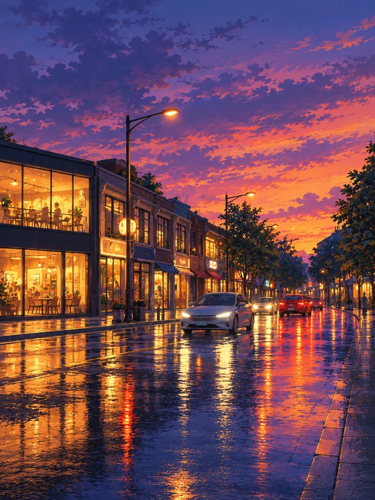 The same city street repainted as a detailed anime film background at dusk