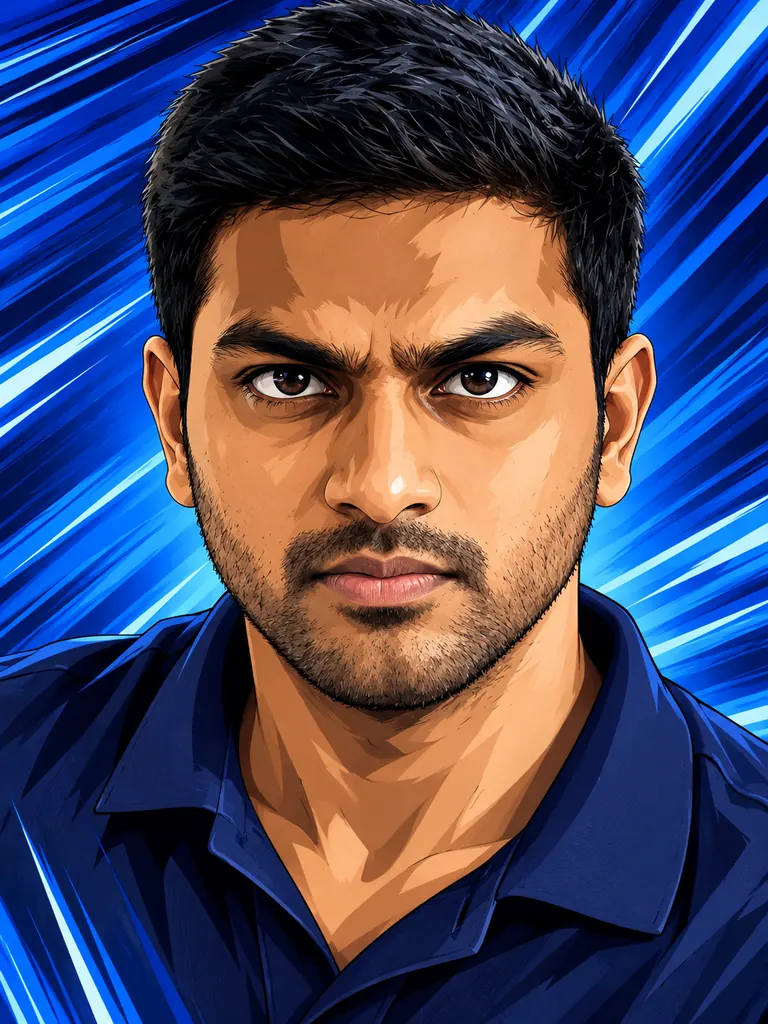 The same man as an action anime portrait with sharp shadows and speed lines