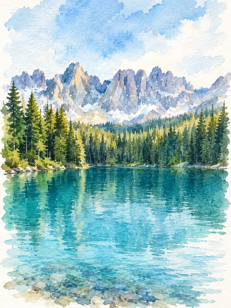 The same mountain lake painted as a loose watercolor on textured paper