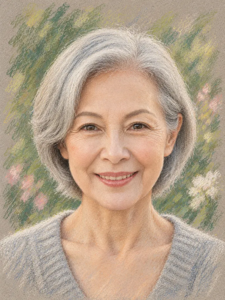 The same woman drawn as a soft pastel portrait on gray toned paper