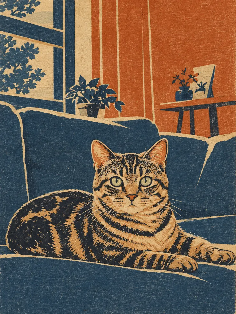 The same tabby cat as a Japanese-style woodblock print in indigo, rust and cream