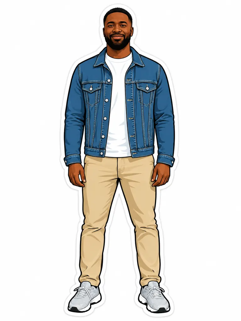 The same man as a flat vector cartoon sticker with a thick white border