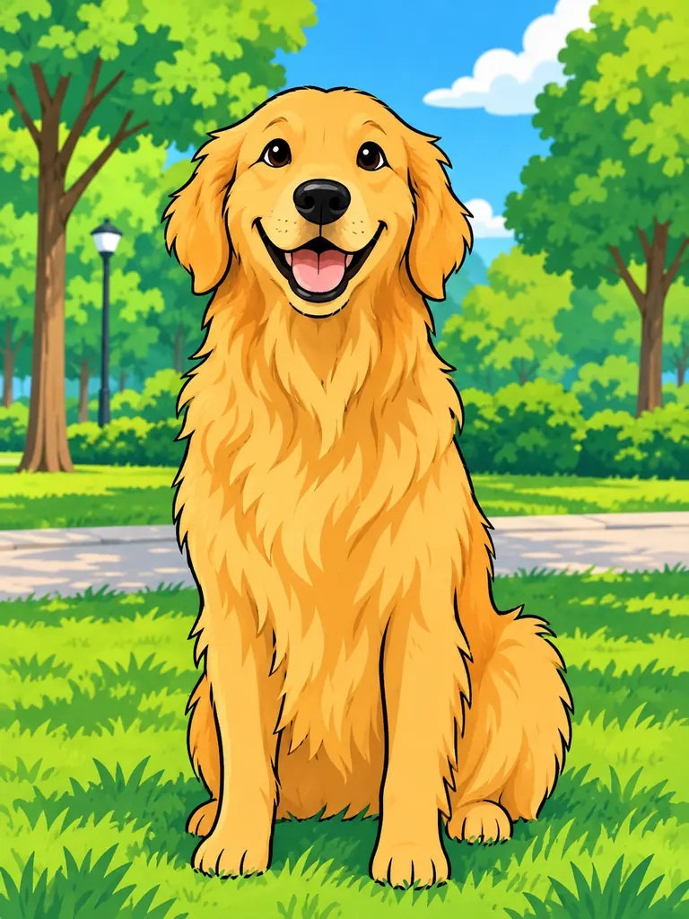 The same golden retriever as a bright 2D TV cartoon with thick outlines