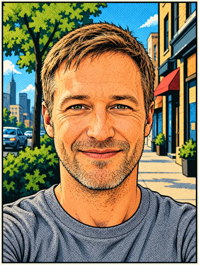 The same man drawn as a comic book character with halftone shading