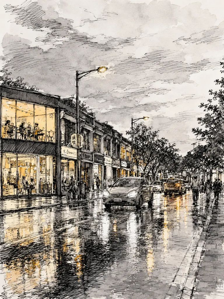 The same street as a loose ink sketch with a gray wash and yellow windows