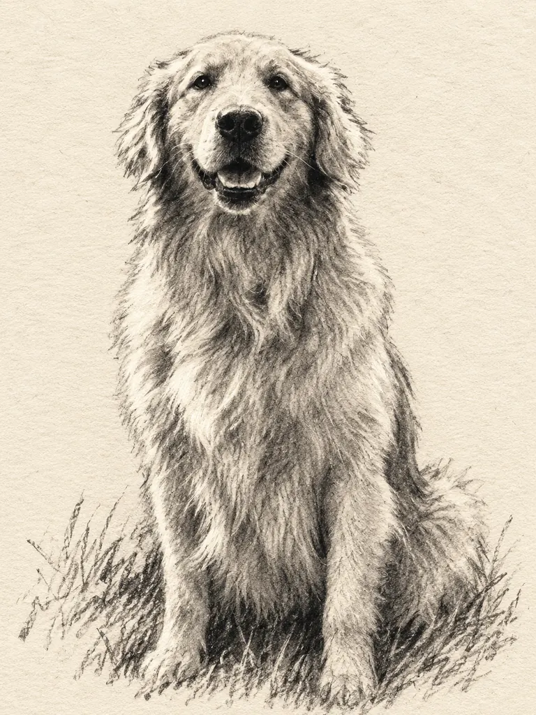The same golden retriever as a smudged charcoal drawing on cream paper