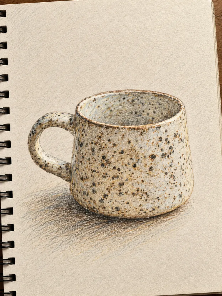 The same handmade mug as a colored pencil sketch on a sketchbook page