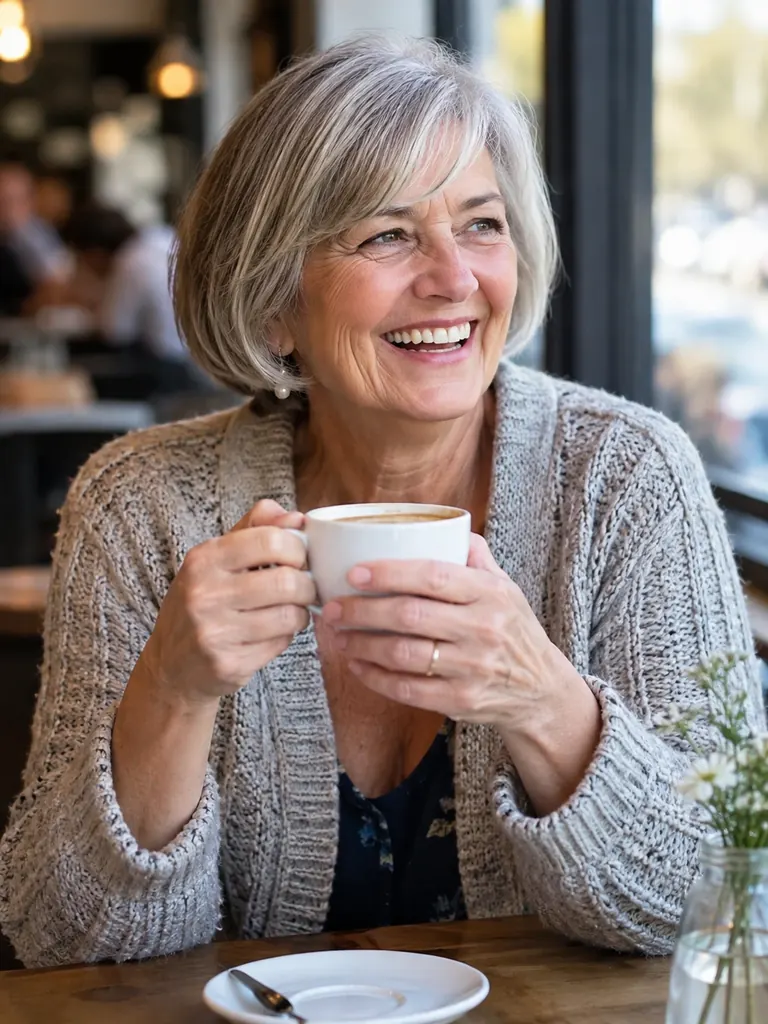 Realistic portrait of a laughing woman in her 60s holding coffee by a café window