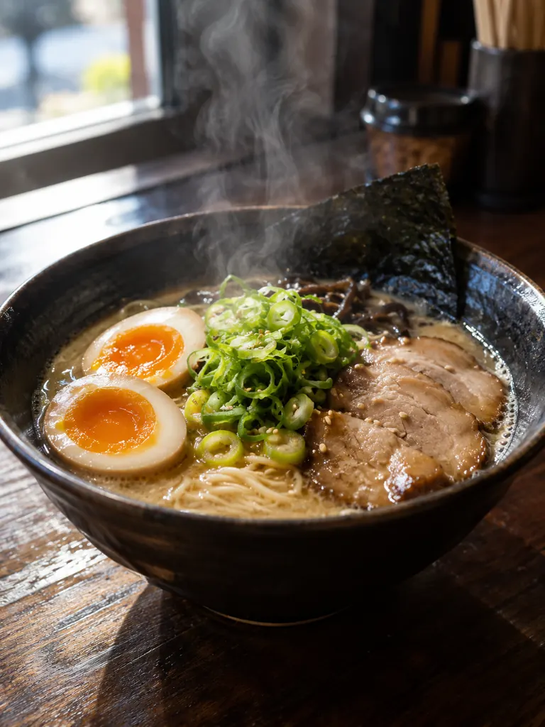Realistic close-up of a steaming bowl of ramen with a soft-boiled egg on a wooden counter