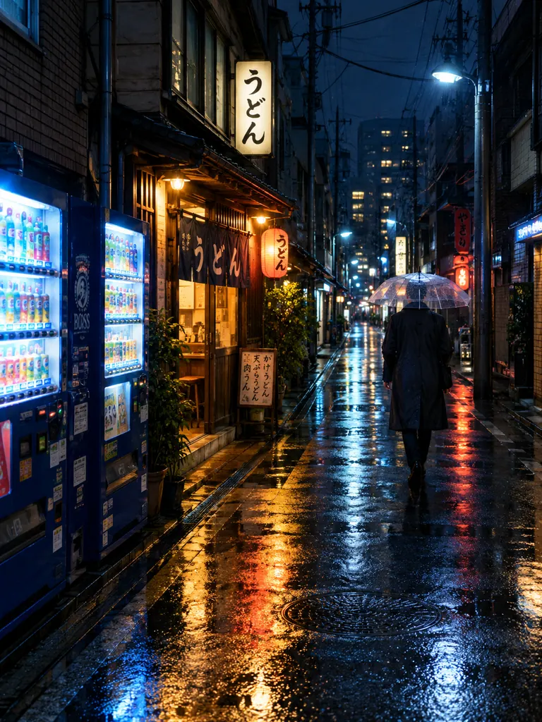 Realistic night street after rain with wet reflections and a man under a clear umbrella