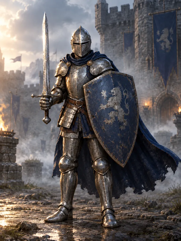 The same knight finished as full-color fantasy concept art in a castle courtyard