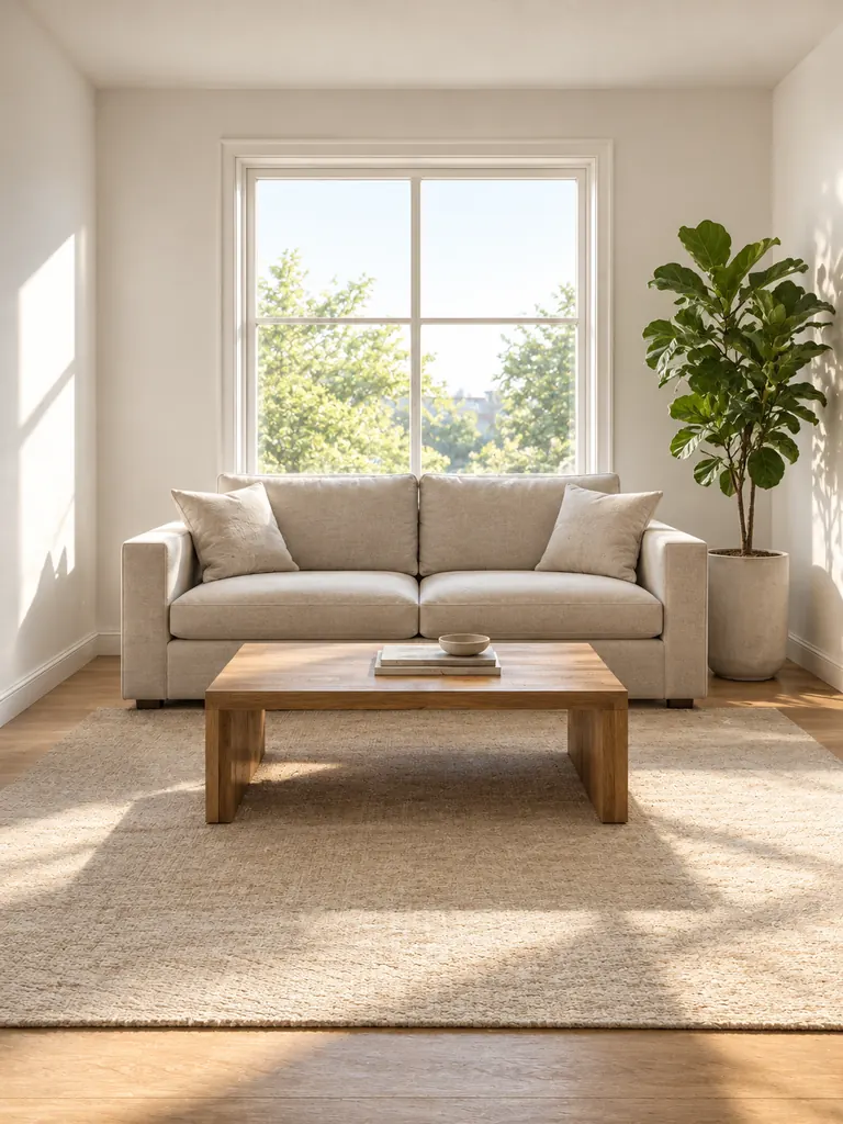 The living room sketch turned into a realistic interior photo with a linen sofa