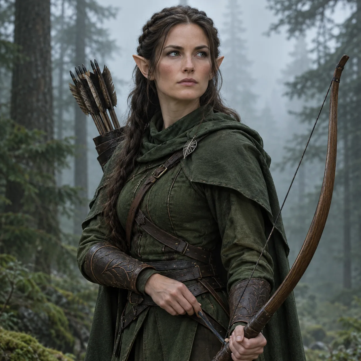 GPT Image 2.5 fantasy elf ranger in a layered green cloak holding a bow in a misty pine forest