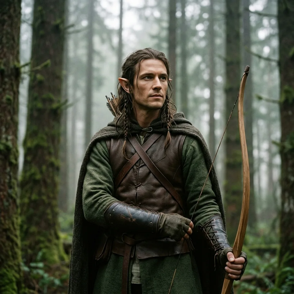 Nano Banana 2.1 fantasy elf ranger in a green travel cloak holding a bow in a misty pine forest