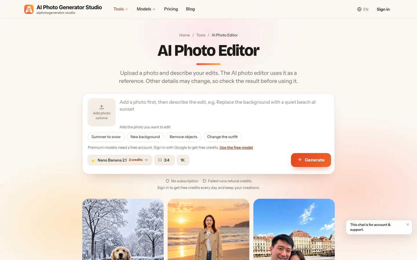 AI Photo Generator interface with an optional photo upload, prompt field, example edit buttons and Nano Banana 2.1 selected