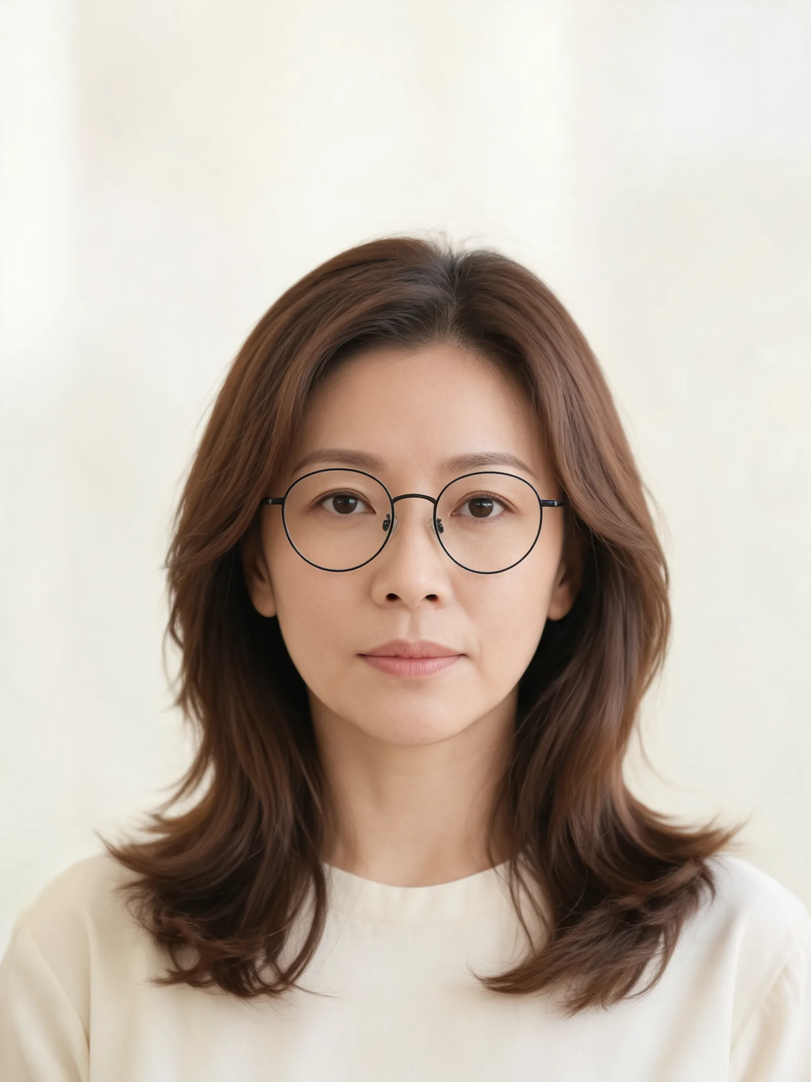 Fictional source portrait of a woman with brown hair, black round glasses, and a cream blouse