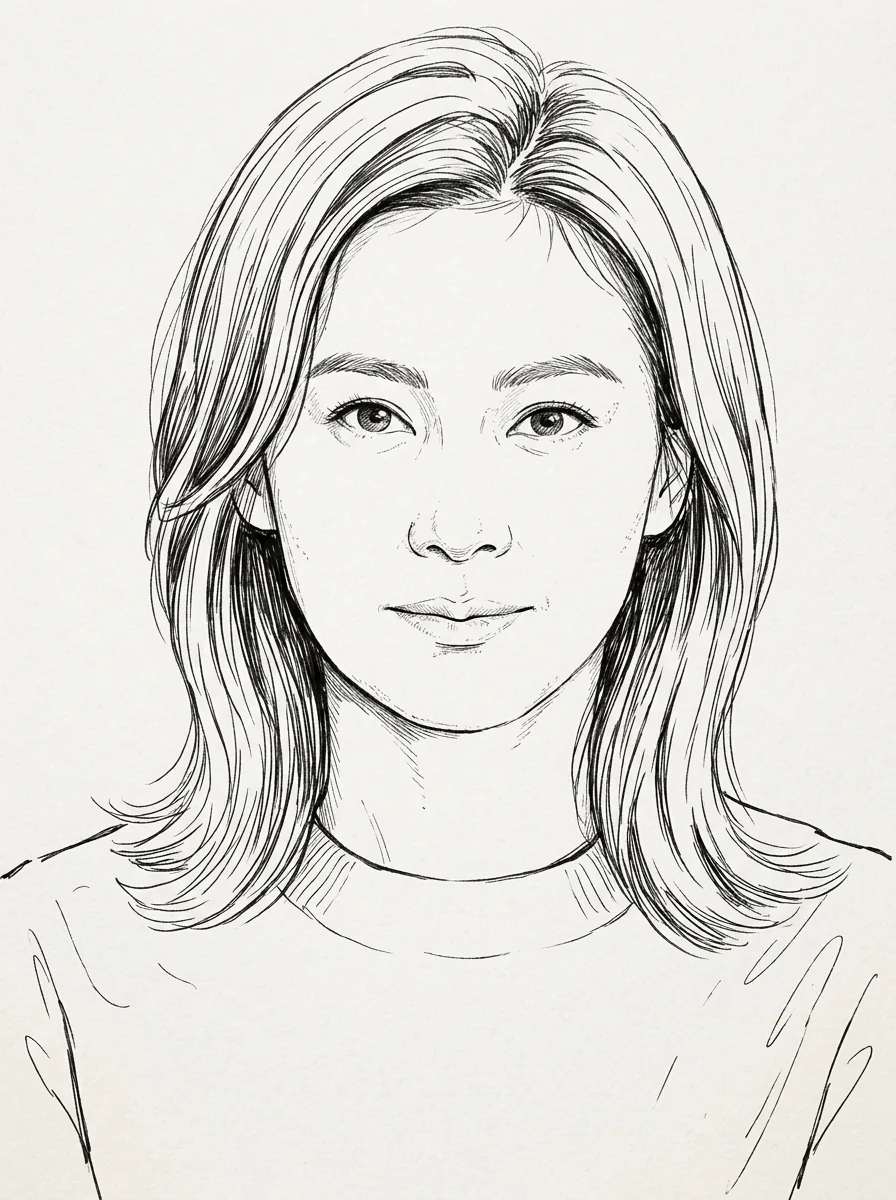 Prompt A portrait with dense hair strokes, light facial hatching, and an off-white textured background