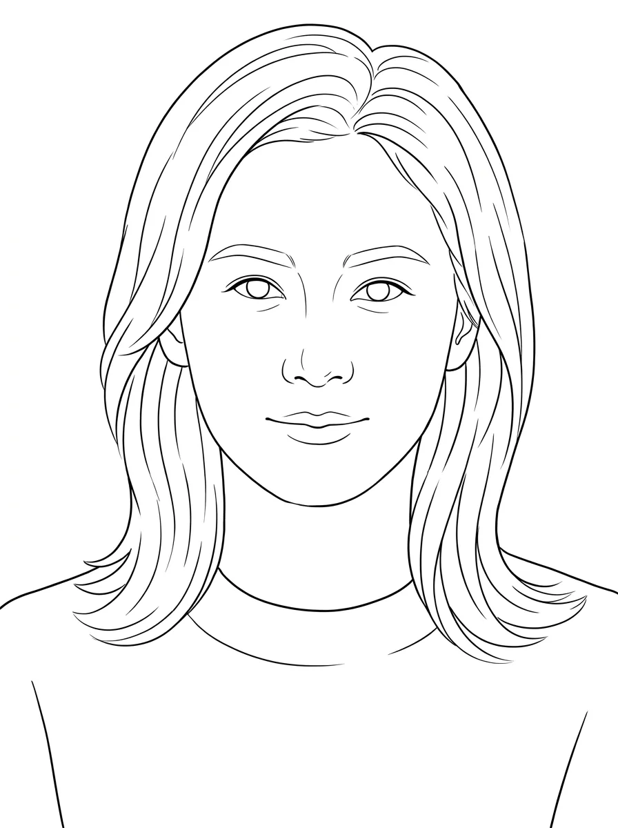 Prompt B portrait in black outlines on white, with unfilled irises and simplified hair and clothing