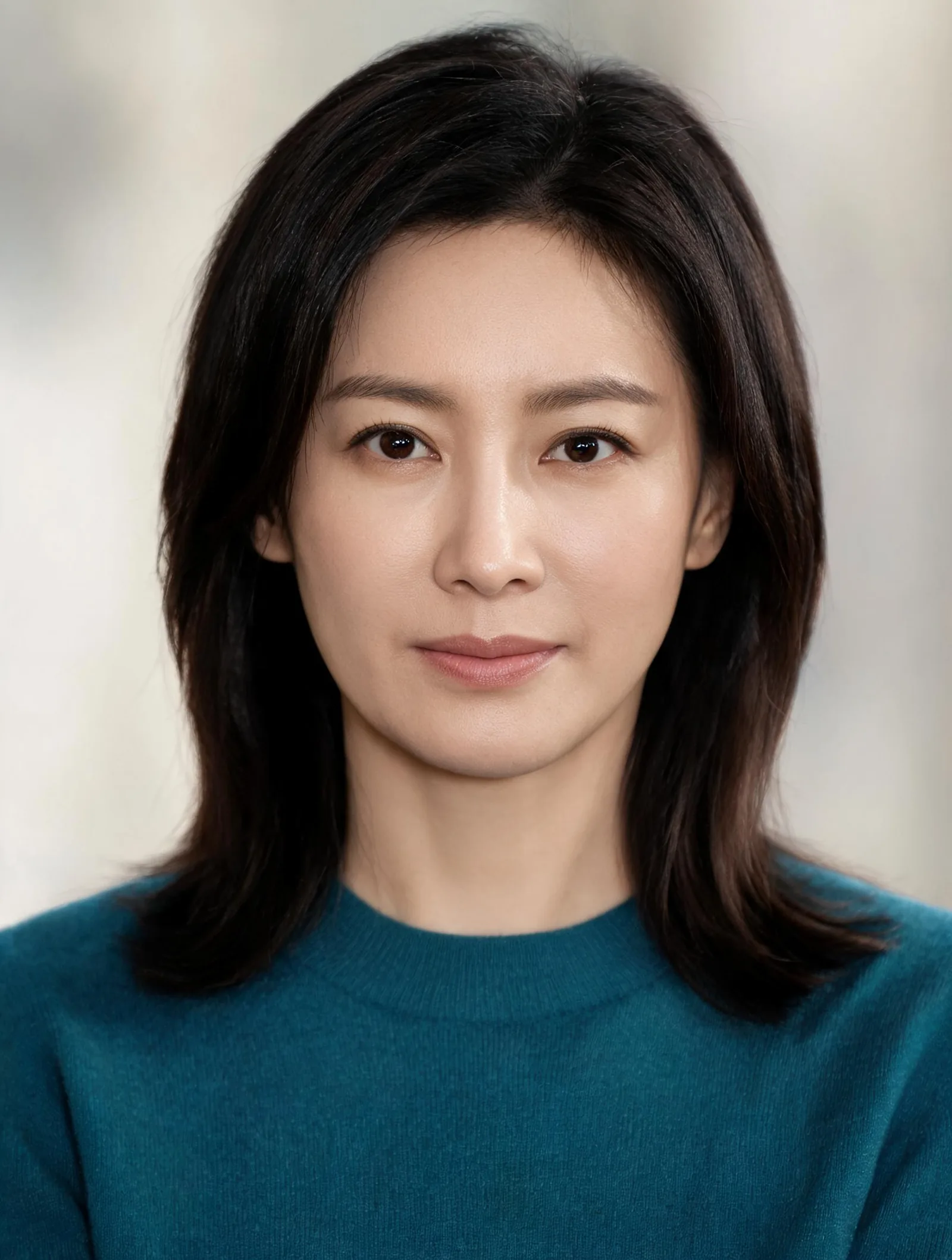 Fictional adult woman with side-parted dark hair and a teal crewneck sweater