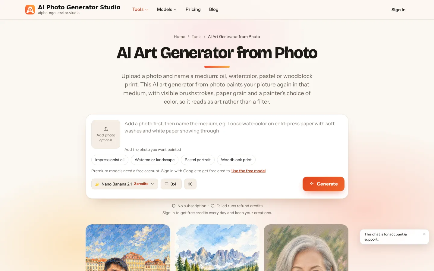 AI Photo Generator photo-to-art interface showing upload, painting styles, Nano Banana 2.1, and shape and quality controls